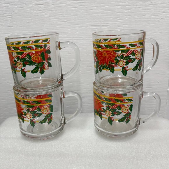 Vintage KIG Indonesia Christmas Poinsettia Glass Coffee Cups Set of 4 - 8 oz - Picture 2 of 13